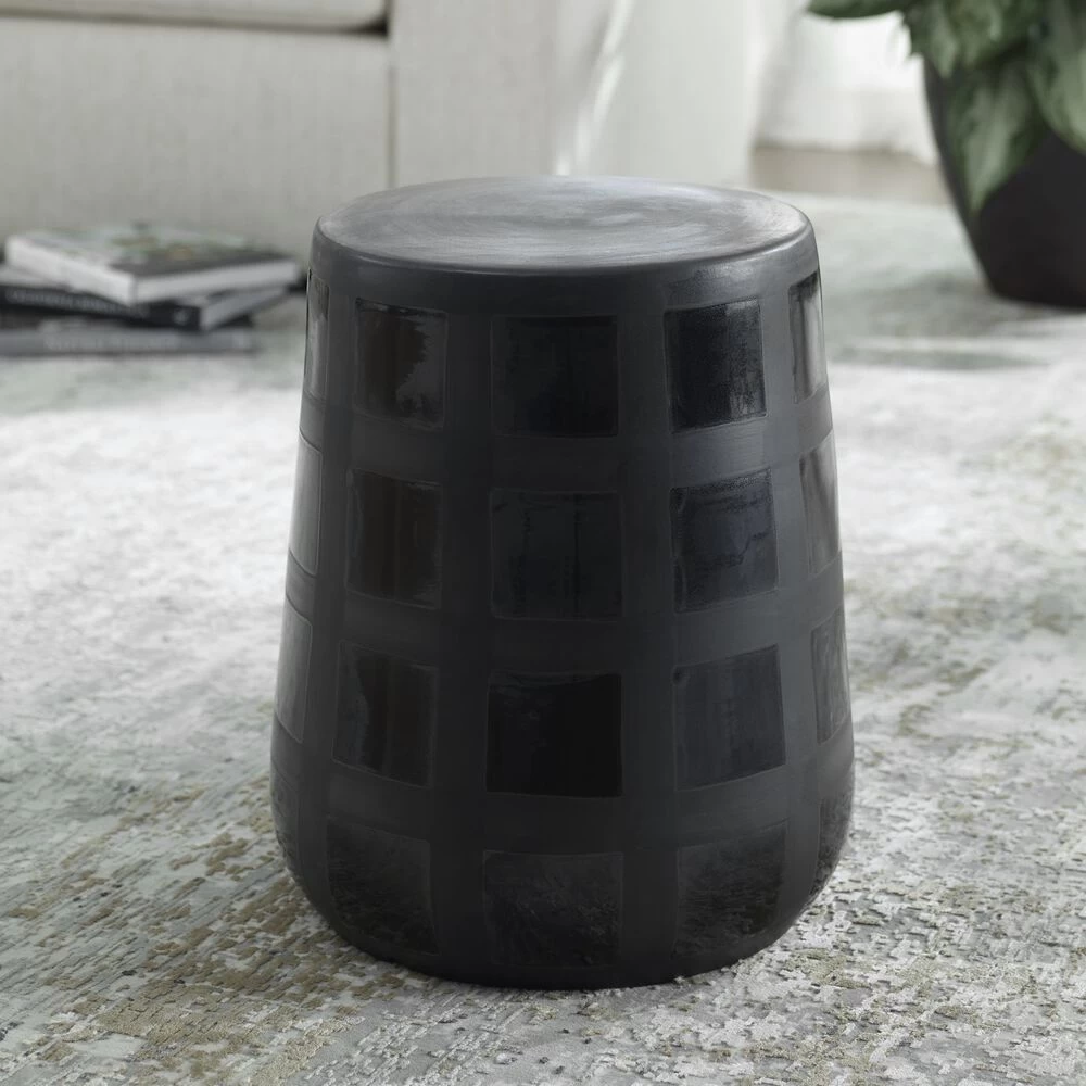 Patchwork Garden 17 Inch Gloss And Matte Black Glazes Garden Stool - Image 2