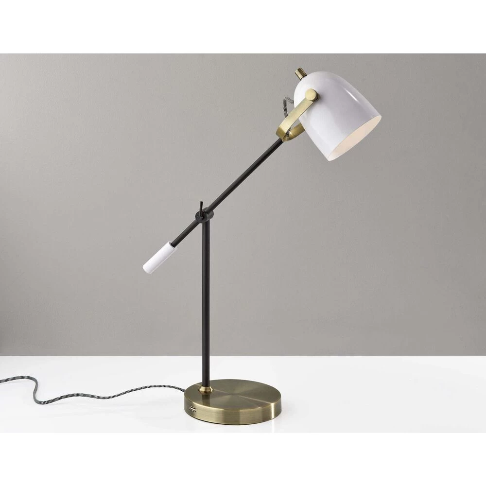 Adesso Casey 19 Inch 40.00 Watt Black And White With Antique Brass Desk Lamp Portable Light - Image 2
