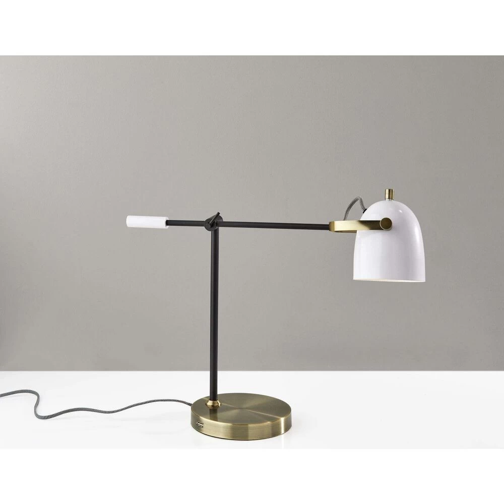 Adesso Casey 19 Inch 40.00 Watt Black And White With Antique Brass Desk Lamp Portable Light - Image 4