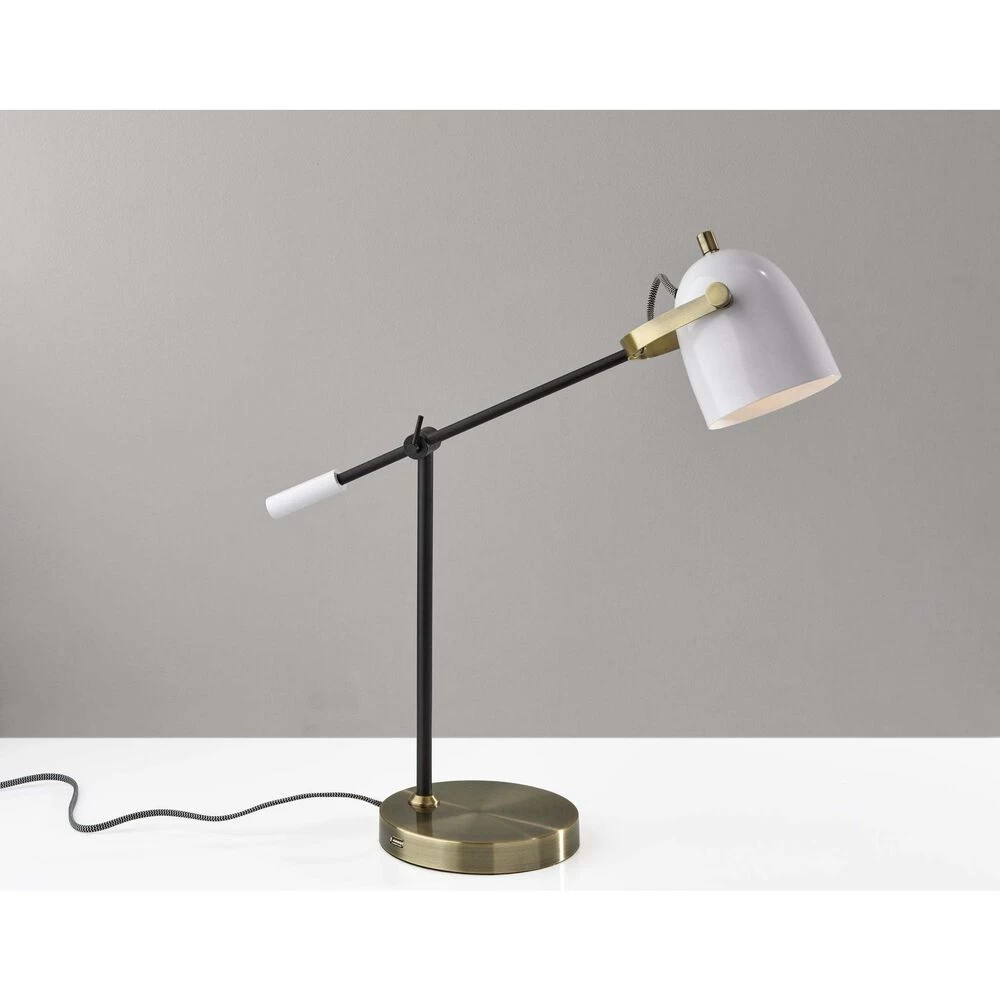 Adesso Casey 19 Inch 40.00 Watt Black And White With Antique Brass Desk Lamp Portable Light - Image 7