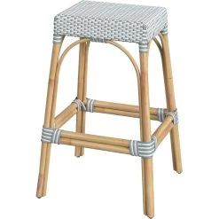 Robias Rectangular Rattan 30" Bar Stool In White And Sky Blue Dot