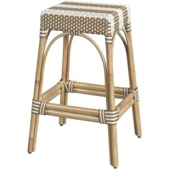 Robias Rectangular Rattan 30" Bar Stool In Tan And White Stripe