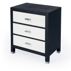 Keros Raffia 3 Drawer Nightstand In Navy And White