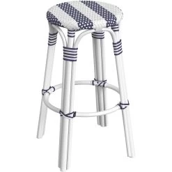 Tobias Round Rattan 30" Bar Stool In White And Navy Stripe