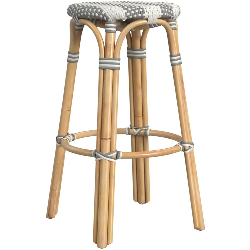 Tobias Round Rattan 30" Bar Stool In Gray And White Stripe - Image 6