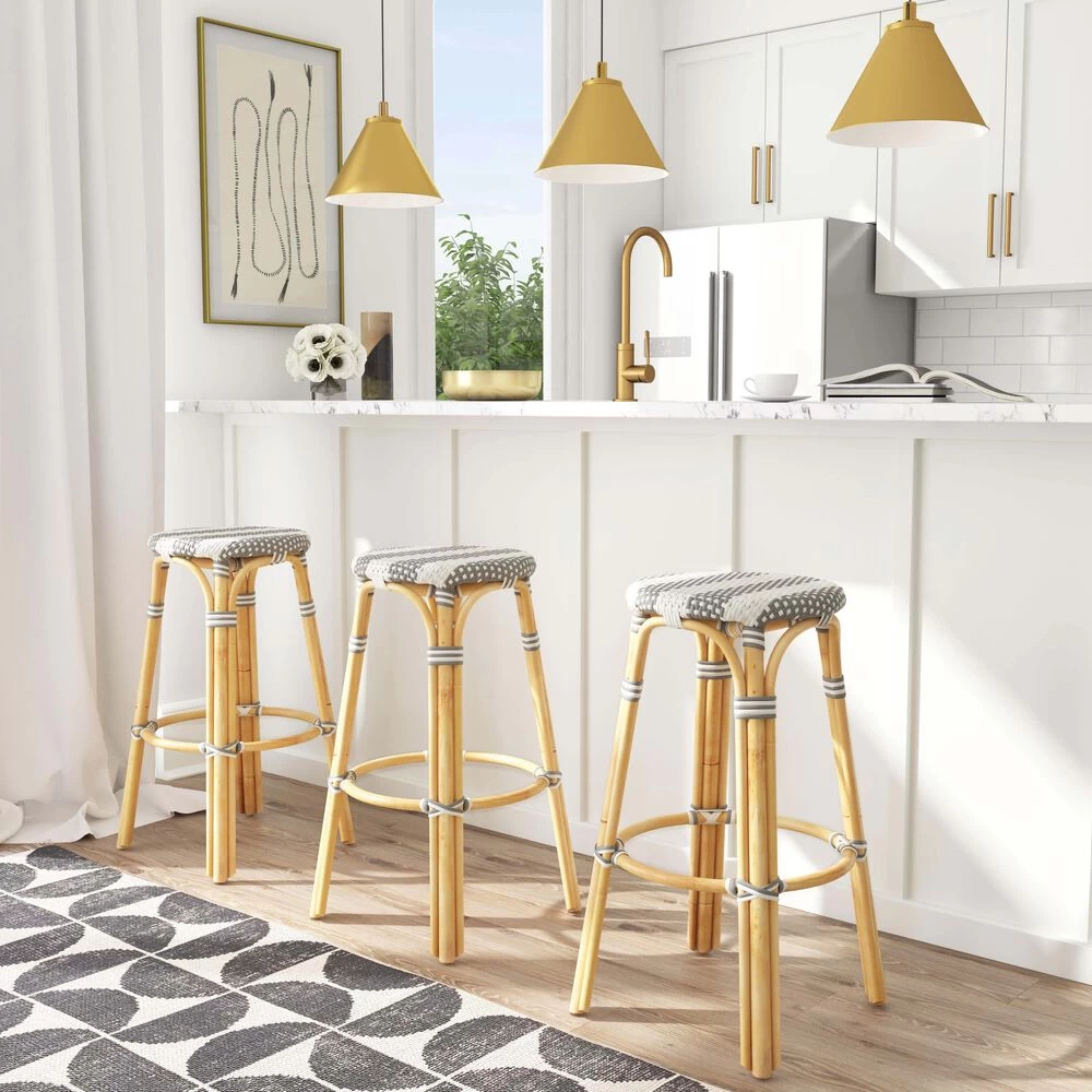 Tobias Round Rattan 30" Bar Stool In Gray And White Stripe - Image 2