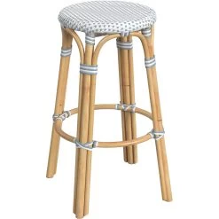 Tobias Round Rattan 30" Bar Stool In White And Sky Blue Dot