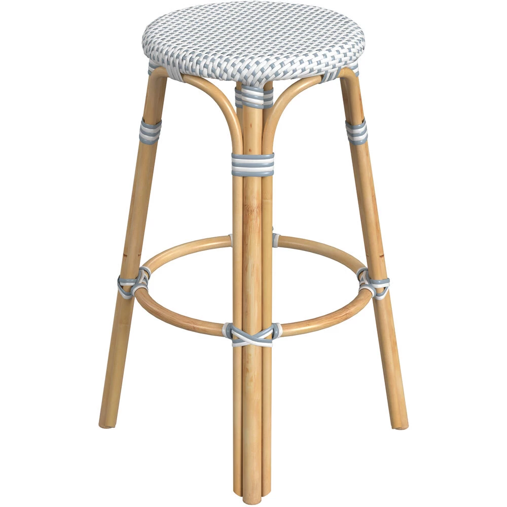 Tobias Round Rattan 30" Bar Stool In White And Sky Blue Dot - Image 5