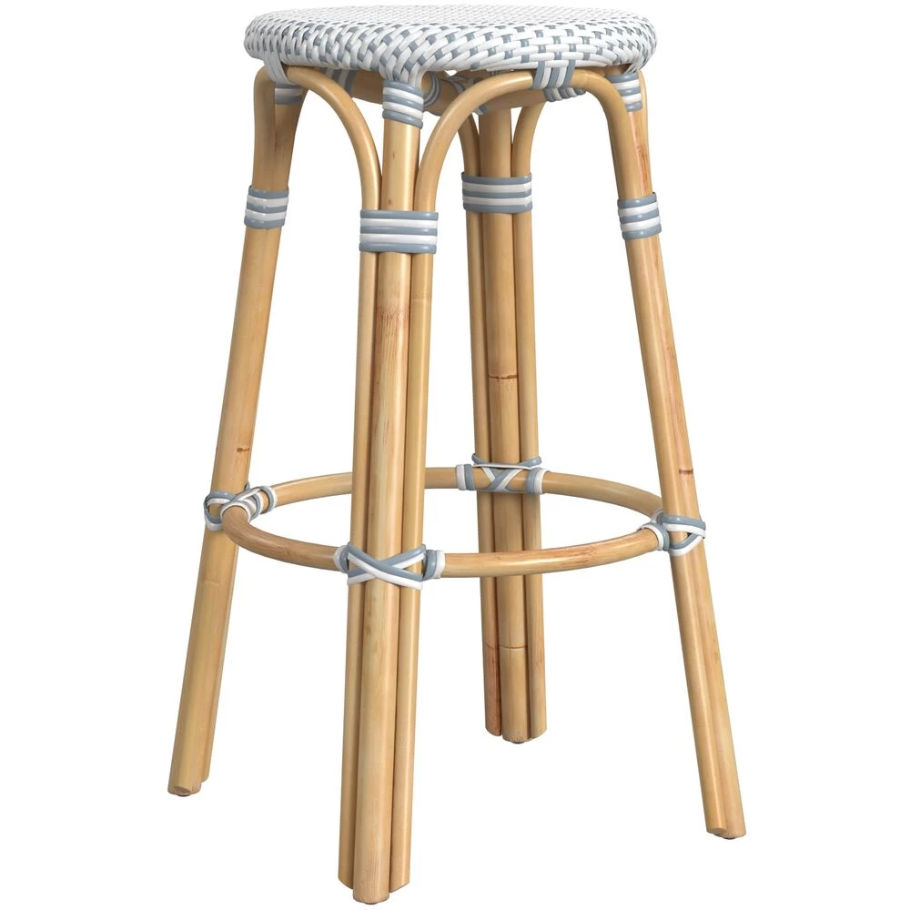 Tobias Round Rattan 30" Bar Stool In White And Sky Blue Dot - Image 6