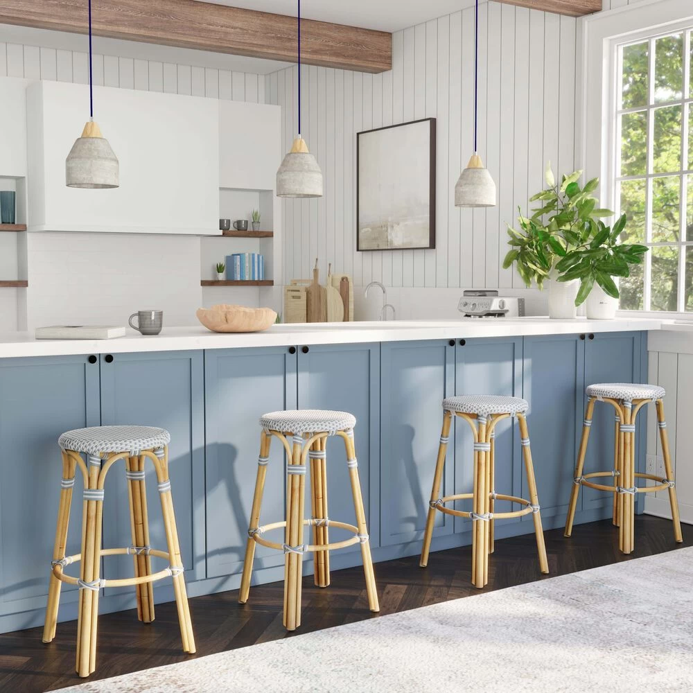 Tobias Round Rattan 30" Bar Stool In White And Sky Blue Dot - Image 2