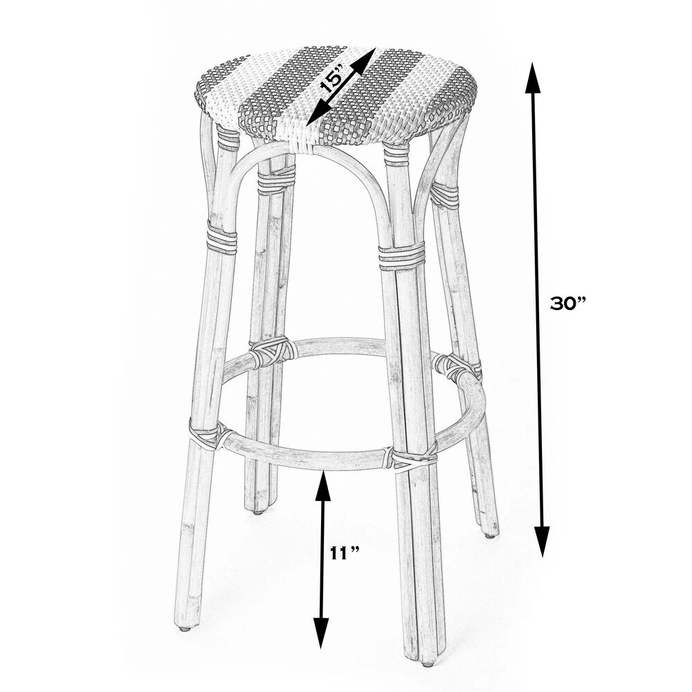 Tobias Round Rattan 30" Bar Stool In White And Sky Blue Dot - Image 3