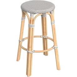 Tobias Round Rattan 30" Bar Stool In Gray And White Dot
