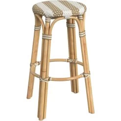 Tobias Round Rattan 30" Bar Stool In Tan And White Stripe