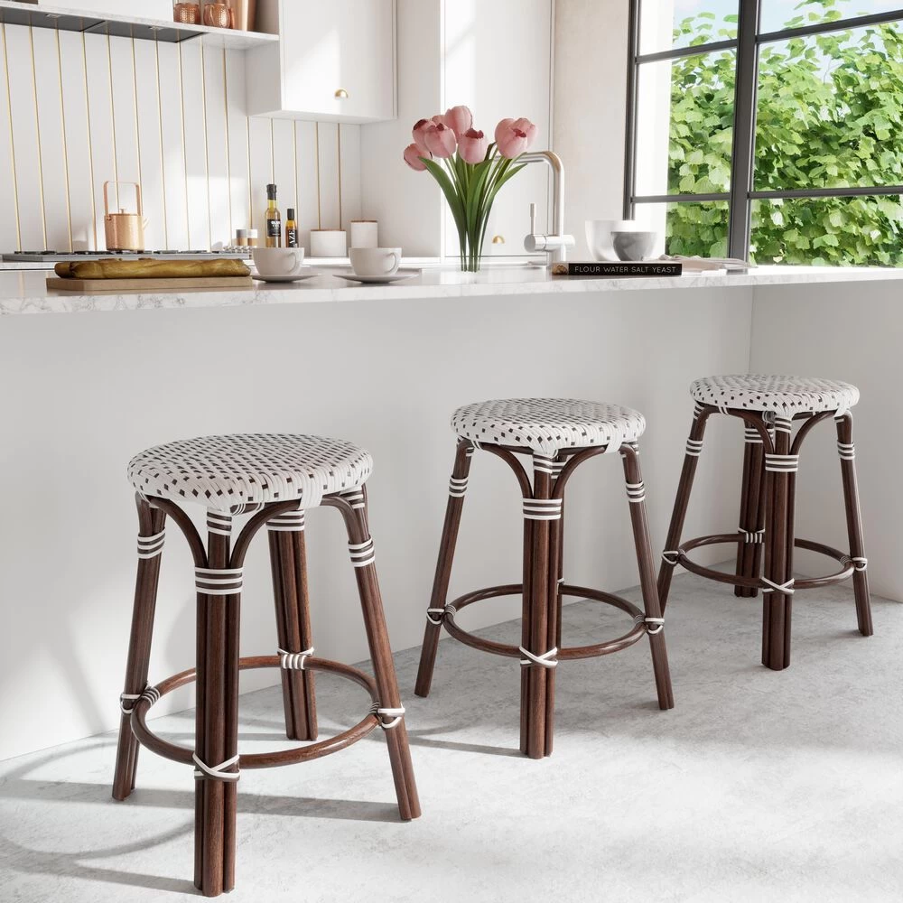 Tobias Brown & White Rattan Bar Stool - Image 2