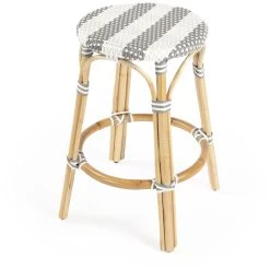 Tobias Rattan Round 24" Counter Stool In Gray And White Stripe