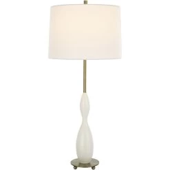 Annora 34 Inch 150.00 Watt Glossy White And Antique Brass Table Lamp Portable Light